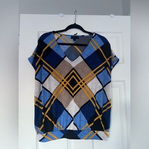 Worthington Blue and Yellow Geometric V-Neck Blouse